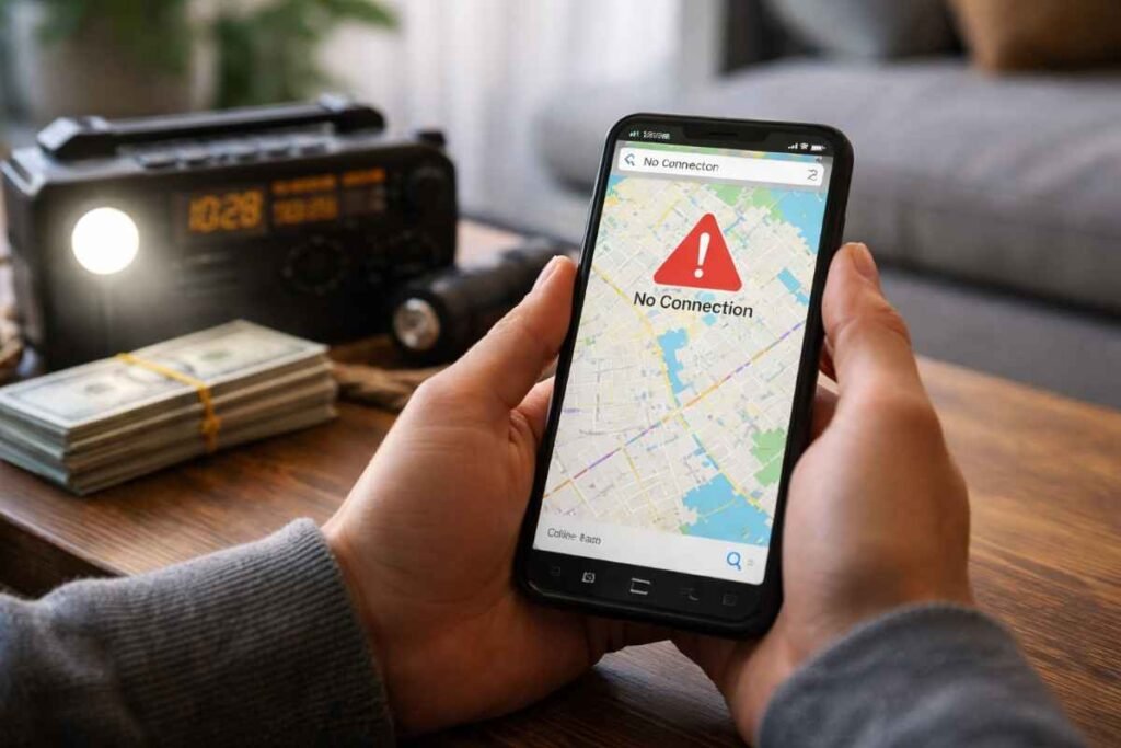 Emergency digital survival kit with offline maps and cash