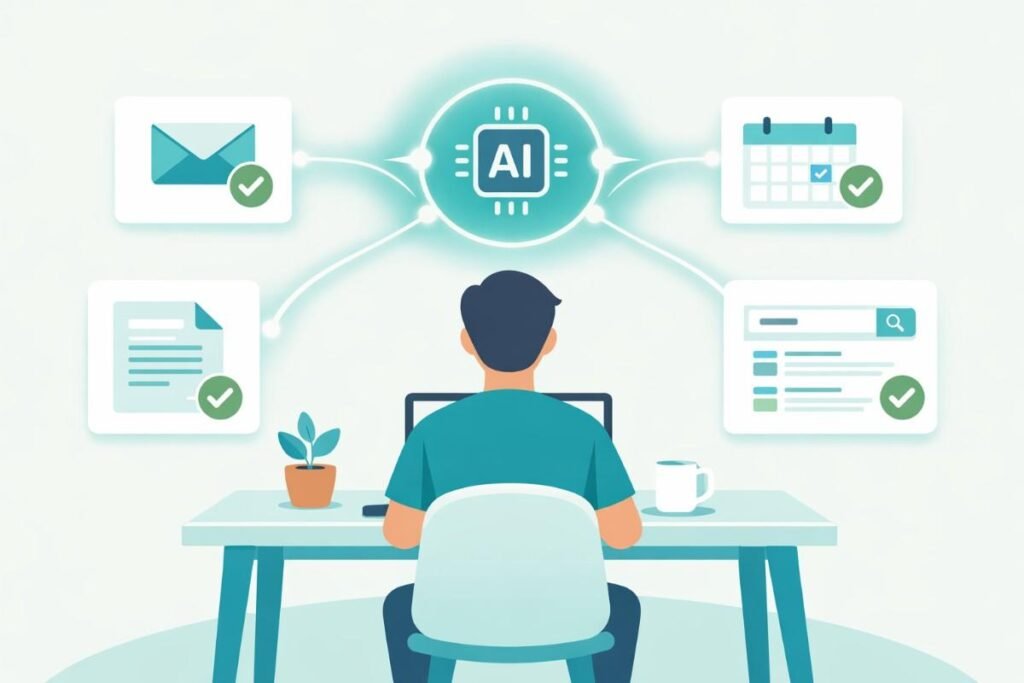 Illustration showing AI agents for productivity automatically completing tasks like email, scheduling, and research Placement