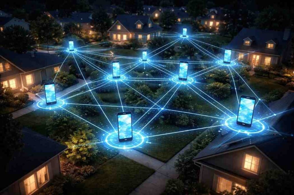 Decentralized mesh network communication for smartphone users.