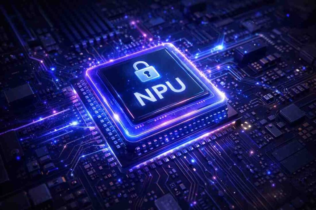 A macro, highly detailed 3D rendering of a smartphone’s internal chip, glowing with blue and purple neon light, symbolizing the secure, on-device processing power of the Neural Processing Unit handling private data.phone automation