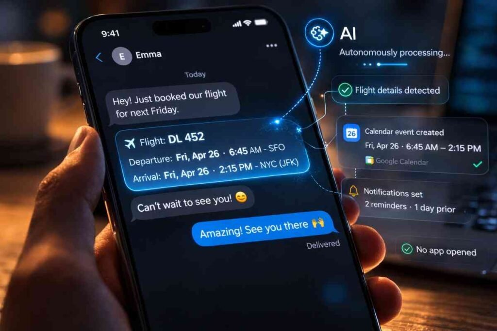 A close-up of a modern smartphone screen displaying a text message conversation. A glowing, semi-transparent AI interface overlays the screen, autonomously highlighting flight details and silently booking a calendar event in the background without opening the calendar app.