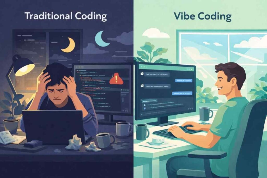 Side-by-side comparison of traditional coding vs vibe coding with AI assistance