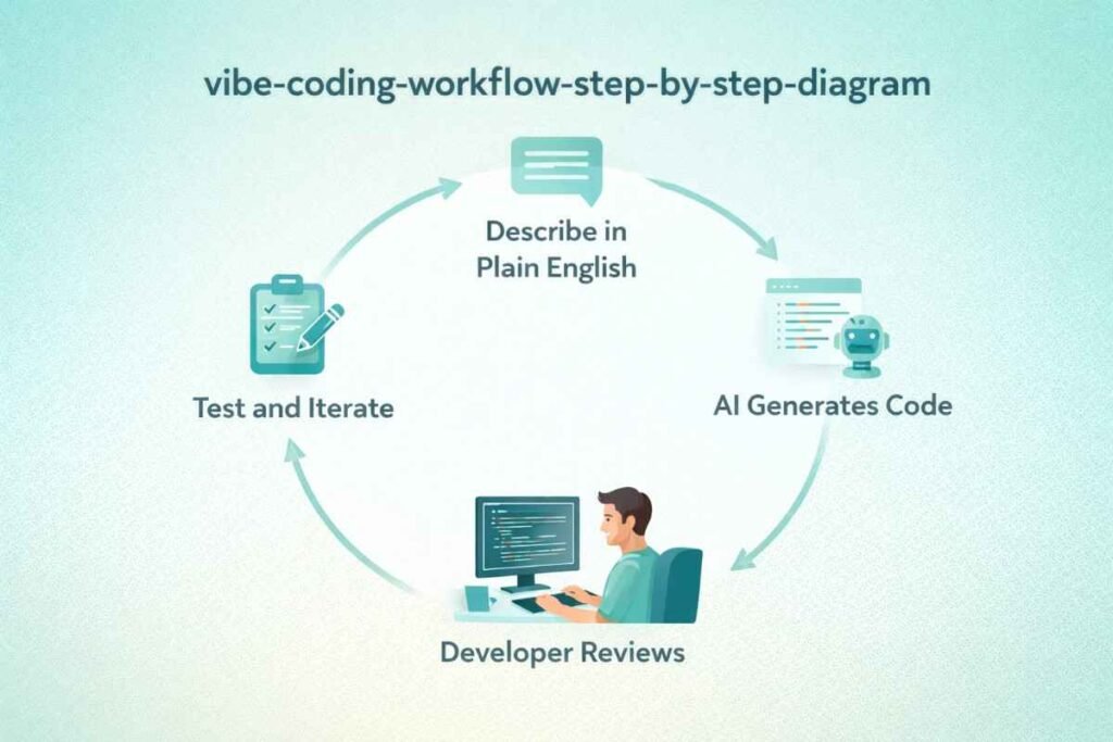 Step-by-step vibe coding workflow diagram showing the AI-assisted coding process