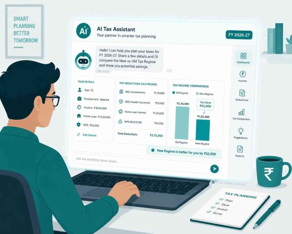 AI-Tools-for-Indian-Tax-Planning-FY-2026-27 Person using AI tool like ChatGPT for Indian income tax planning FY 2026-27