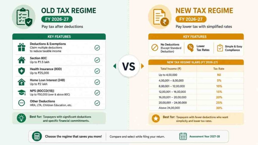 Old-vs-New-Tax-Regime-Comparison-India-FY-2026-27 Comparison of old versus new income tax regime for Indian salaried employees FY 2026-27