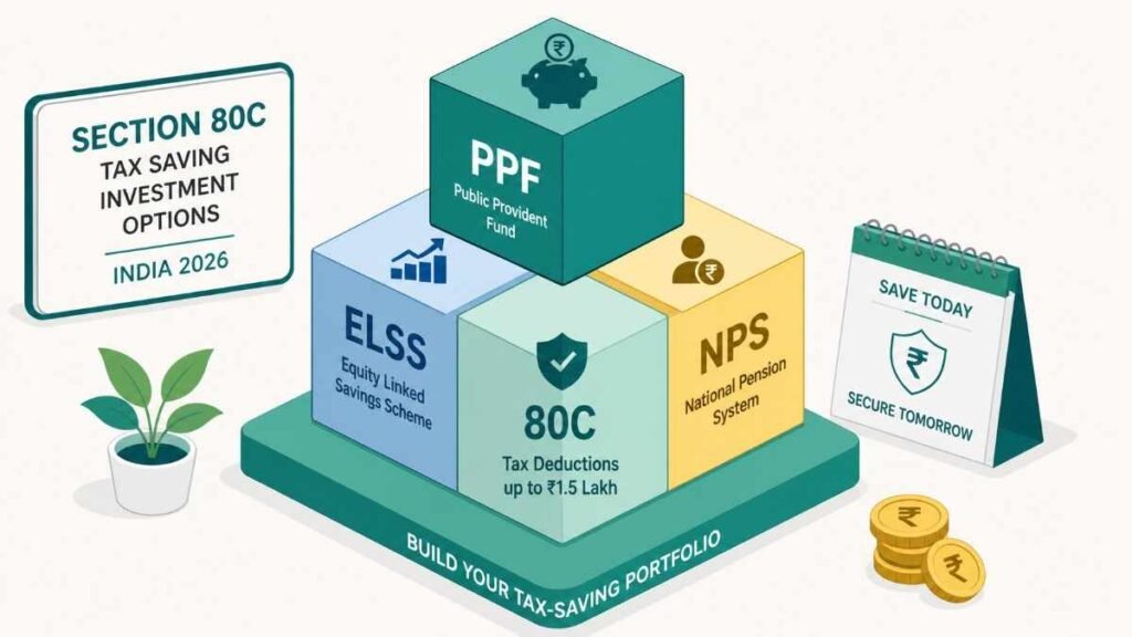 Section-80C-Tax-Saving-Investment-Options-India-2026 Section 80C investment options including ELSS PPF and NPS for Indian tax saving in 2026